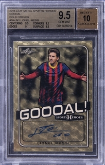 2018 Leaf Metal Sports Heroes "GOOOAL!" Gold Circles Parallel #GALM1 Lionel Messi Signed Card (#1/1) - BGS GEM MINT 9.5, BGS 10 